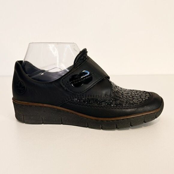 Rieker Black Subtle Leopard Print Mini Wedge Hook & Loop Comfort Shoes - Picture 1 of 6